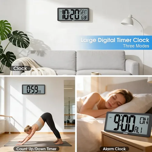 Miniatura 6 de XREXS Reloj de pared digital grande, funciona con pilas despertadores para decoración del hogar, temporizador de cuenta arriba y abajo, pantalla LCD