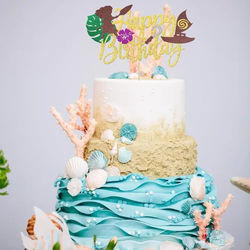 Miniatura 5 de 1 pieza de decoración de pastel de feliz cumpleaños Moana con purpurina de hoja de palma, flor de moana, selección de pastel tropical hawaiano Luau