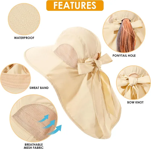 Miniatura 6 de Sombrero de mujer con protección UV, plegable, impermeable, de ala ancha, tipo cubo, con solapa para el cuello para verano, playa, pesca, senderismo