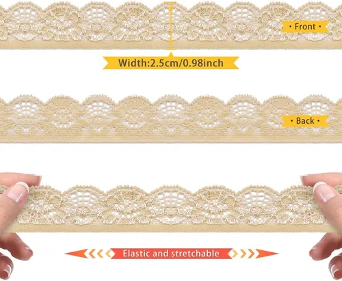 Miniatura 2 de SEMINI Cinta elástica de encaje de 1 pulgada de ancho para costura, manualidades, boda, fiesta, decoración, ropa (beige)