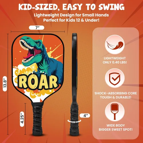 Miniatura 2 de Paleta de pickleball para niños diseñada para edades de 3 a 12 años, fibra de vidrio ligera (0.37 libras), agarre pequeño para un fácil control