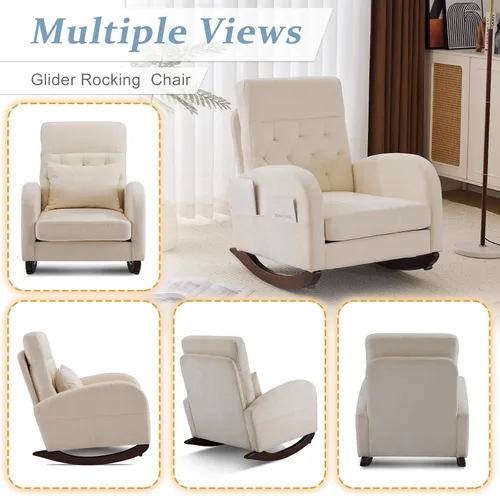 Miniatura 8 de VINGLI Mecedora de Asiento Bajo de Chenilla, Silla Planeadora Tapizada para Guardería con Bolsillos Laterales, Sillón Decorativo con Brazos