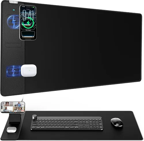 Alfombrilla de mouse con soporte magnético de carga inalámbrica para teléfono, 31.5 x 15.8 pulgadas, grande, superficie lisa impermeable, base