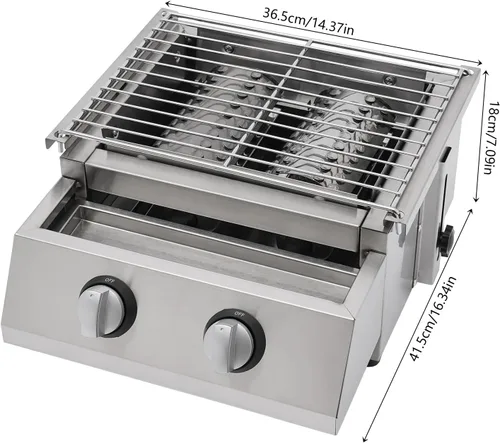 Miniatura 3 de Parrilla de barbacoa de gas, portátil de 2 quemadores, parrilla de gas propano de mesa de acero inoxidable, barbacoa al aire libre, ahumador
