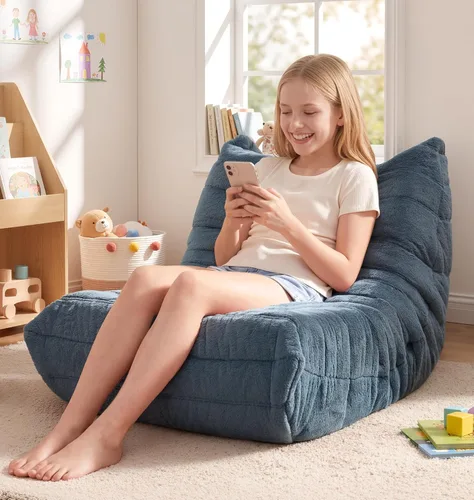 Miniatura 11 de Sillones tipo puf para adultos, puf gigante con espuma viscoelástica, sillón puf con relleno, piel sintética, para la sala, dormitorio u oficina azul