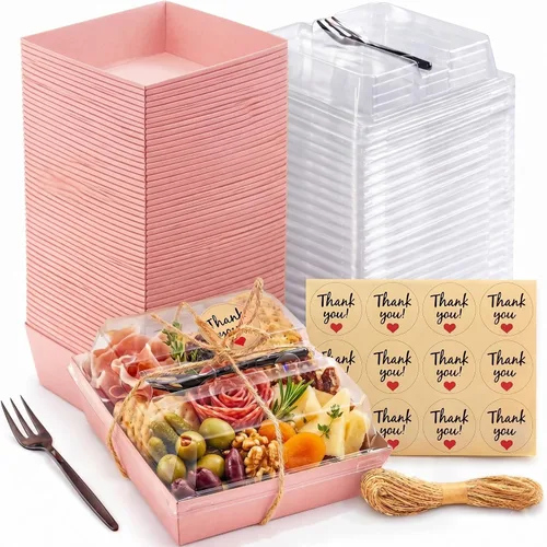 Miniatura 9 de Leafiew Paquete de 50 Cajas de Charcutería Individuales Pequeñas con Tapas Transparentes y Tenedores - Mini Caja de Charcutería de Papel Para