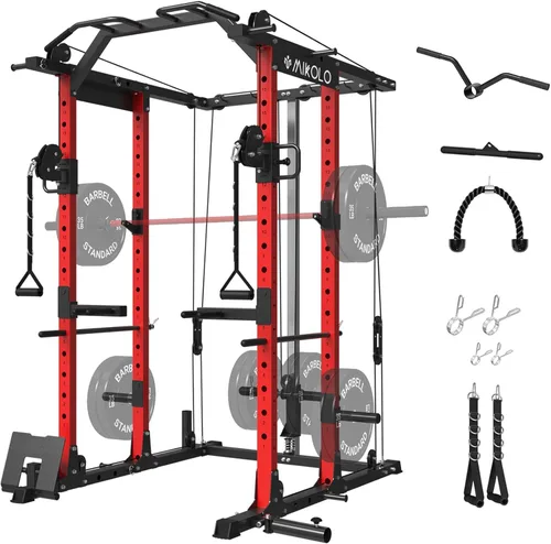 Mikolo Jaula de Potencia, Rack de Potencia con Sistema de Cruce de Cables, 1500LBS Rack para Sentadillas con Sistema de Jalón LAT, Jaula de Rojo