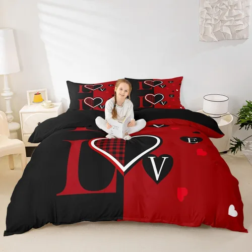 Miniatura 4 de Juego de funda de edredón para parejas, tamaño individual, romántico, amor, señor, señor, señor, señor, mujer, rojo, negro, búfalo, corazón