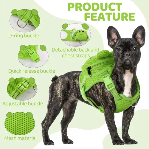Miniatura 2 de Arnés para perro con mochila, arnés ajustable para perros pequeños y medianos, mochilas transpirables sin tirones para perros, para viajes, Verde