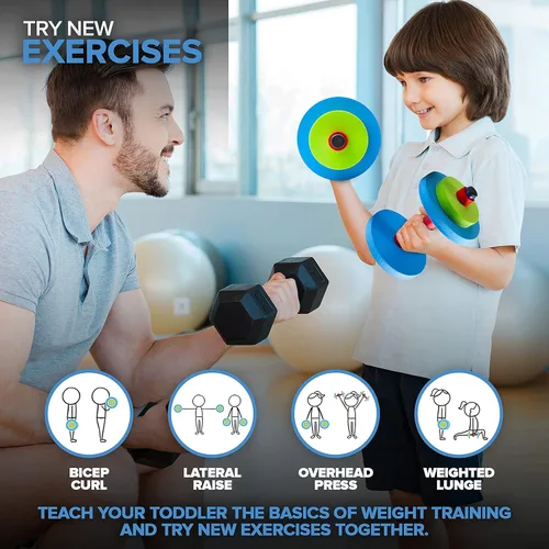 Miniatura 7 de Modern Innovations Juego de pesas para niños (paquete de 2) mancuernas de juguete, pesas de entrenamiento con mancuernas para bebé, divertido