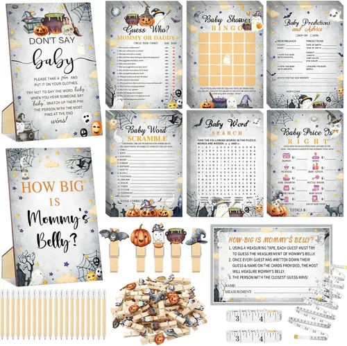 Funnymoom Set de 426 piezas de juegos de baby shower de Halloween, 8 juegos, incluye bingo de baby shower, el precio correcto, adivina quién,