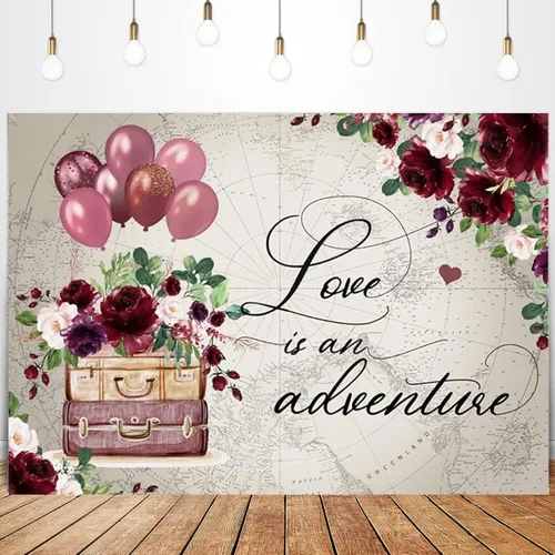 Miniatura 10 de Telón de fondo de despedida de soltera de viaje para fotografía, Love is Adventure Around The World, fondo de boda, maletas florales rojas vintage