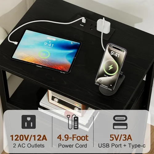 Miniatura 4 de LOAKEKEL Mesita de noche, mesita de noche con estación de carga, mesa auxiliar con almacenamiento 2 cajones de tela para dormitorio, mesa auxiliar