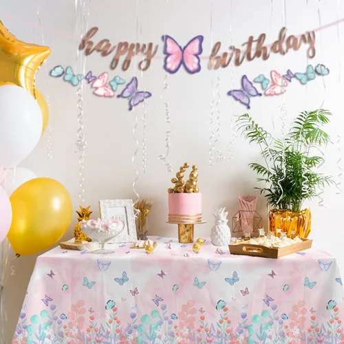 Miniatura 5 de Suministros de fiesta de cumpleaños de mariposas, platos de papel desechables, servilletas, vasos, mantel y pancarta para decoración de cumpleaños