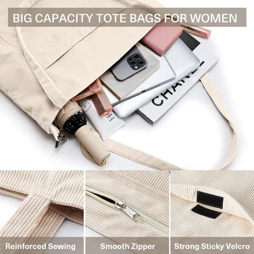 Miniatura 5 de KALIDI Bolso de mano de pana para mujer, bolso de hombro grande con bolsillo con cremallera, bolso Hobo casual de gran capacidad, bolsa de trabajo