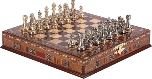 Miniatura 2 de Juego de ajedrez clásico hecho a mano y tablero de ajedrez de madera maciza natural con diseño de perlas alrededor de la tabla y almacenamiento