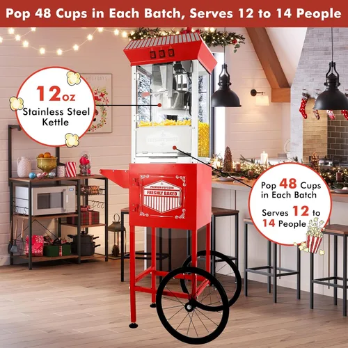 Miniatura 4 de Máquina comercial de palomitas de maíz con carrito y hervidor de 12 onzas, estilo vintage con ruedas de vidrio templado, plataforma de Rojo