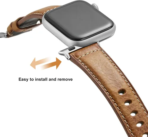 Miniatura 3 de Genuine Leather Watch Band Compatible with Apple Watch,Italian Cowhide,Retro Style,Silver Buckle,Golden Brown and Chestnut Brown,38/40/41mm and