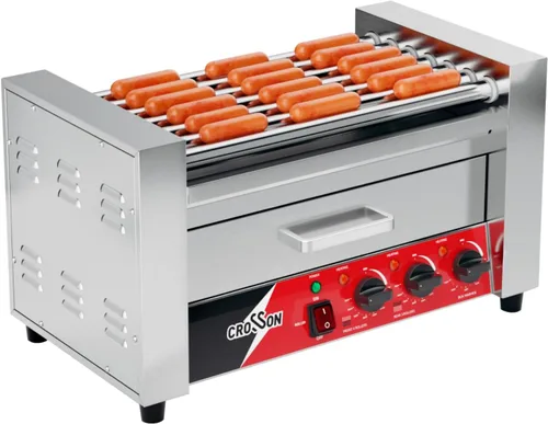 CROSSON Hot Dog 7 Rodillos con Calentador de Pan, Máquina Comercial de Cocina con Asador Giratorio Antiadherente 7 en 304, Parrilla Eléctrica de