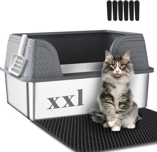 Miniatura 8 de Suhaco Caja extra grande de arena para gatos de acero inoxidable con tapa XXL Cajas de arena para gatos con lados altos incluidas Alfombrilla