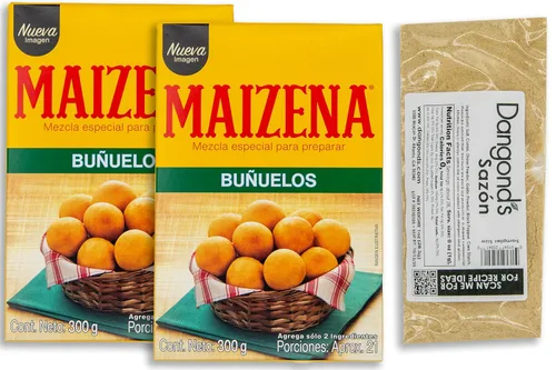 Paquete Buñuelos Colombianos – Incluye 2 Cajas de Bunuelo Maizena 10.58 oz cada una y 1 Bolsa de Despensa Colombiana Rainbow Nonpareils o Sazon