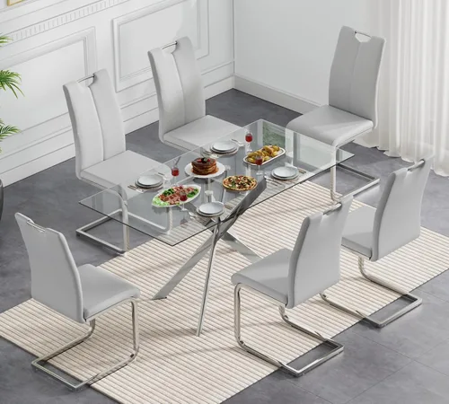 Miniatura 64 de Juego de mesa de comedor redonda de 3 piezas para 2, mesa de cocina moderna de vidrio plateado y sillas para 2 con sillas tapizadas, juego de mesa