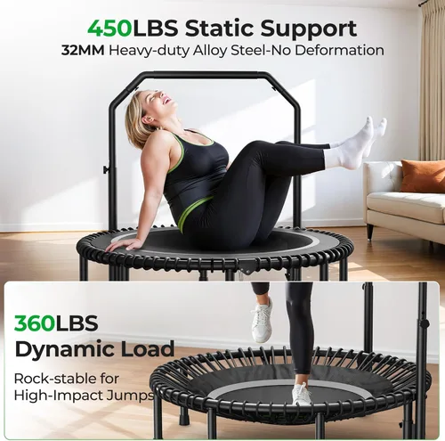 Miniatura 4 de BCAN BT2 - Mini trampolín de rebote de 450/550 libras para adultos con barra, trampolín de fitness con cuerdas elásticas, mango ajustable, estable
