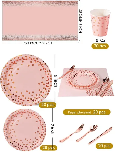 Miniatura 3 de Nkaiso 141 piezas de suministros de fiesta de oro rosa y rosa, juegos de decoraciones desechables para fiestas incluyen platos de papel, Rosa y oro