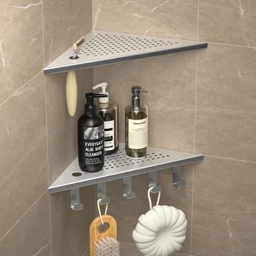 Miniatura 6 de Estantes de ducha con ganchos, estante esquinero de baño de acero inoxidable 304 para pared de azulejos (cepillado, 10 pulgadas)