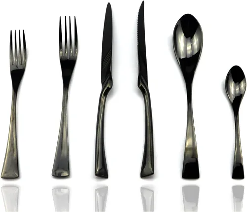 JASHII Juego de cubiertos de acero inoxidable 18/10 de 24 piezas, color negro pulido con espejo, cuchillo para carne, tenedor de ensalada, cuchara