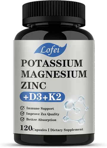 Suplemento de potasio y magnesio, magnesio y potasio y zinc con vitamina D3 y K2, apoyo inmunológico para mujeres y hombres, absorción mejorada, sin