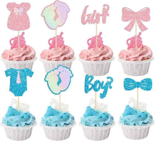 Miniatura 12 de Gyufise 24 piezas de decoración de cupcakes para niños o niñas, tutús para retoque de género, decoración de rugby para fiesta de revelación
