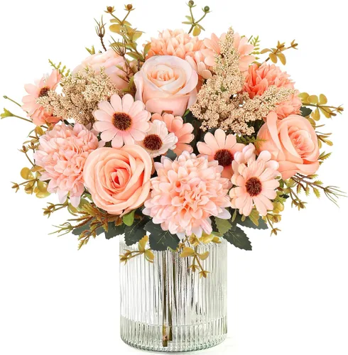 Miniatura 14 de Dremisland Fake Flower Bouquets,2 Packs Silk Rose Daisy Bouquet Artificial Flower Arrangement Realistic Rose Bouquets for Centerpiece Table Wedding