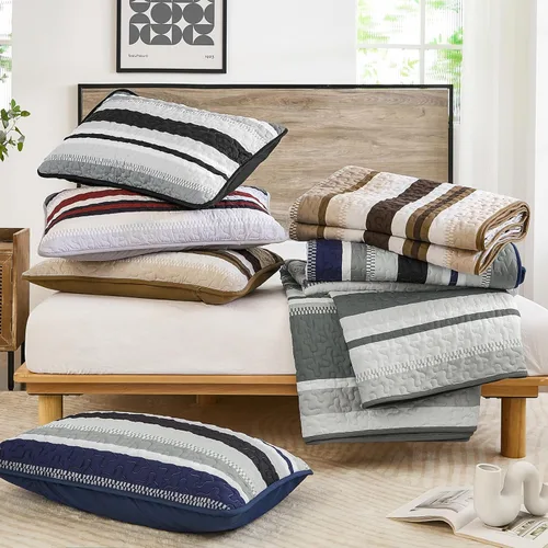 Miniatura 6 de WONGS BEDDING Juego de Edredón Full, Juego de Colcha y Cubrecama de 3 Piezas a Rayas Negras, Edredones Ligeros de Verano Tamaño Full para Cama