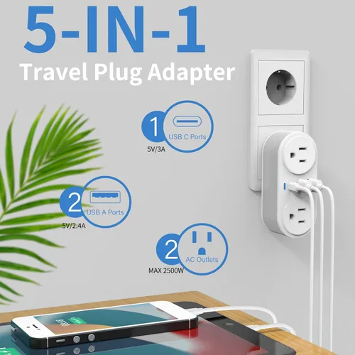 Miniatura 2 de Adaptador de enchufe de viaje europeo para Europa y Reino Unido, enchufe de alimentación internacional con 2 tomas de corriente alterna y 3 puertos