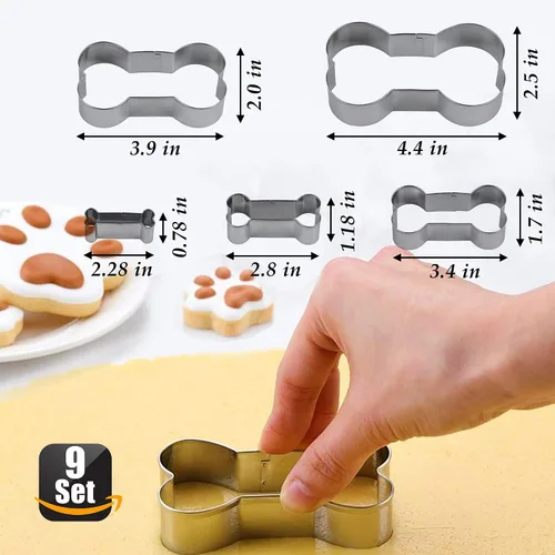 Miniatura 4 de Juego de 9-4 moldes de silicona para patas y huesos de cachorro, moldes de silicona para perros y 5 cortadores de galletas de hueso de acero morado