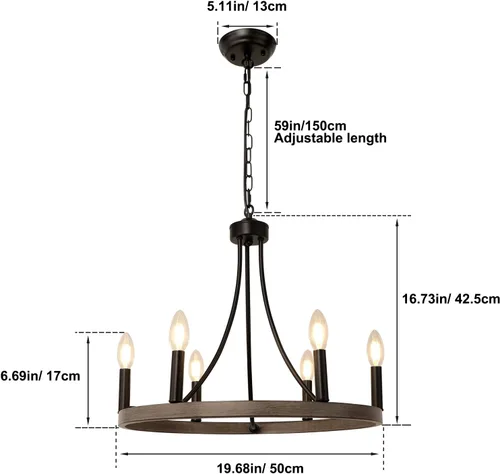 Miniatura 4 de Candelabro de rueda de vagón, 6 luces, rústico, rústico, de granja, de metal negro, lámpara de comedor de madera, candelabros redondos para entrada