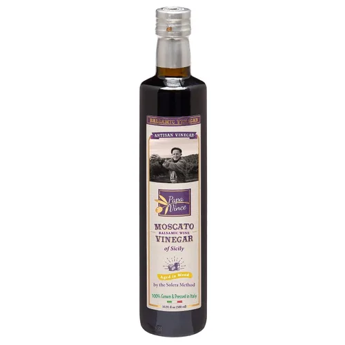 Papa Vince Vinagre balsámico envejecido, sin azúcar, sin sulfitos añadidos, sin pesticidas. Hecho de uvas enteras recién trituradas cultivadas en