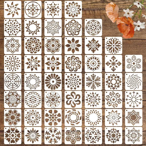 50 plantillas de pintura de mandala, plantillas reutilizables de mandala para pintar sobre rocas de madera, tela, tela, vidrio, cerámica, 4 x 4