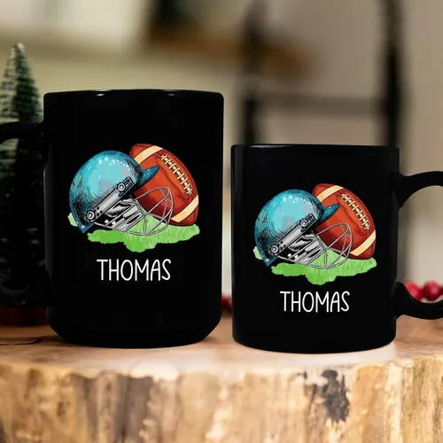 Miniatura 6 de Taza de café de fútbol americano con nombre personalizado, regalo de fútbol personalizado, porcelana negra 11oz y 15oz