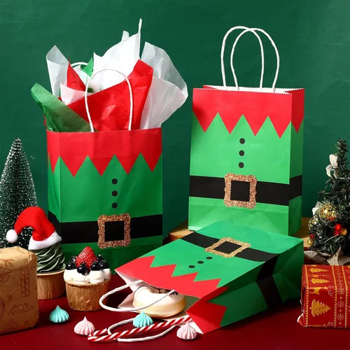 Miniatura 4 de Blulu 16 piezas de bolsas de regalo de papel para Navidad, elfos de Navidad con impresión de traje de elfo, bolsas de fiesta de Navidad con asa