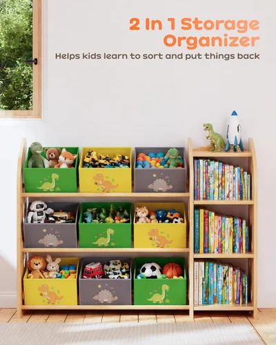 Miniatura 6 de Organizador de almacenamiento de juguetes con 3 estantes y 9 contenedores, estantería de dinosaurio verde para niños, sala de juegos, estante