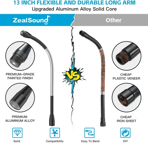 Miniatura 3 de ZealSound Brazo de manguera de metal multifuncional, cuello de cisne de micrófono de 13 pulgadas, extensión de soporte para soporte de piso