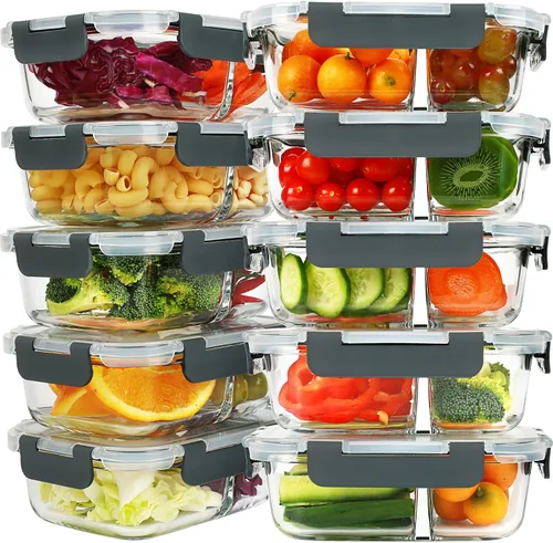 Contenedores de preparación de comidas, 2 compartimentos con cuencos de vidrio con tapas, recipientes de almacenamiento de alimentos, recipientes