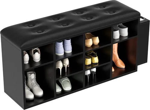 IRONCK Banco para Zapatos, Banco de Entrada con Diez Compartimentos de Almacenamiento con Cuero PU, Organizador de Zapatero Cúbico con Estantes Negro
