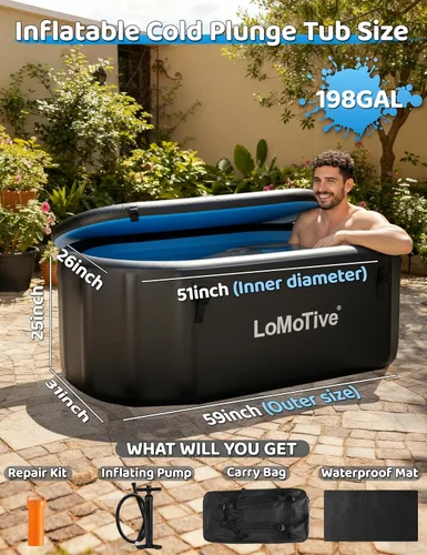 Miniatura 3 de Bañera fría para baño de hielo y recuperación, bañera de hielo inflable de 59 pulgadas con tapa, tina de hielo portátil aislada de 3.9 in de grosor