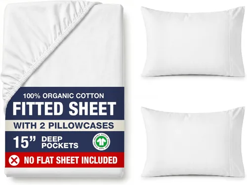Miniatura 60 de LANE LINEN Sábanas ajustadas tamaño king, 100% algodón orgánico, juego de 3 piezas (1 sábana ajustada, 2 fundas de almohada), tejido percal, ultra
