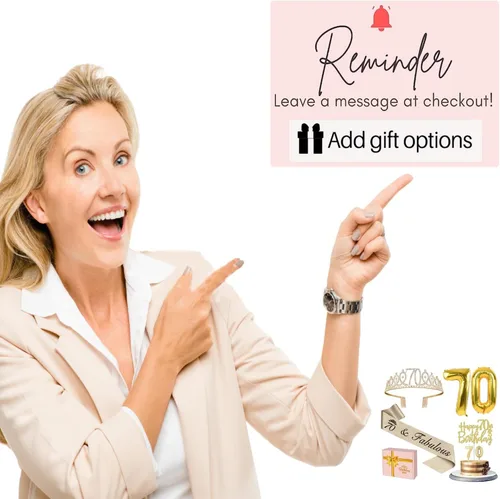 Miniatura 7 de Decoraciones doradas de 70 cumpleaños para mujer con banda y tiara de cumpleaños 70, adorno para pastel y velas, globos de números, regalos de 70