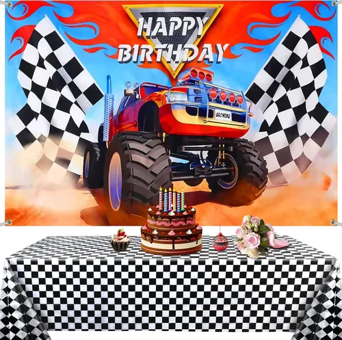 Irenare Los suministros de fiesta de Monster Truck incluyen 1 telón de fondo de camión monstruo, 1 mantel de bandera de plástico a cuadros, telón de