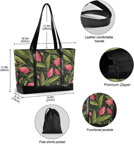 Miniatura 4 de Pink Tulipa Green Leaves Flat Illustration Style Large Capacity bag with laptop compartment with zipper laptop travel bag for ladies with college